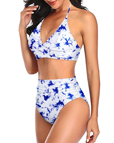 Adjustable Self-Tie Straps Two-Piece High Waisted Bathing Suit-Blue Tie Dye