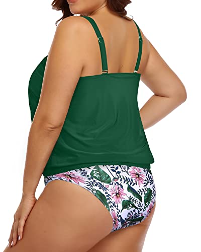 Full Coverage Plus Size Tummy Control Swimsuit Blouson Tankini For Women-Green Pink Flower