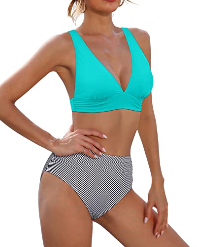 V Neck Two Piece High Waisted Bikini Tummy Control Bathing Suit-Aqua Stripe