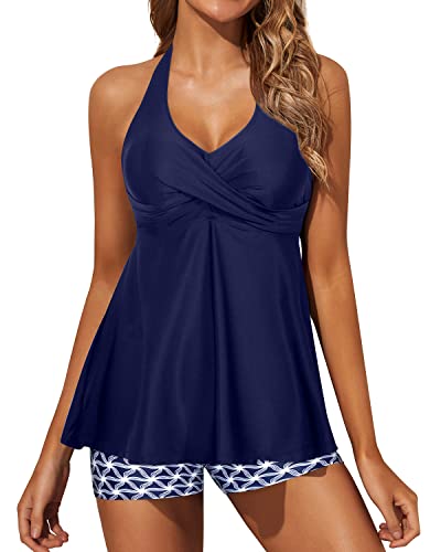 Women's V Neck Tankini Swimsuit Boy Shorts And Push Up Padded Bra-Navy Blue Tribal