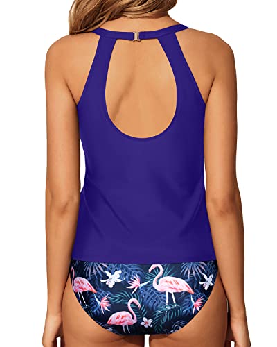 Laides Tummy Control Swimsuit 2 Piece High Neck Bathing Suit-Blue Flamingo