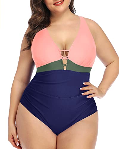 Sexy Deep V Neck One Piece Swimsuit Lace Up Front For Women-Pink Green Blue