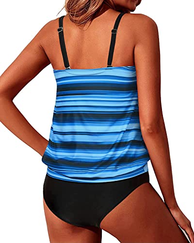 Loose Fit Tankini Blouson Swimsuits For Women-Blue Black Stripes