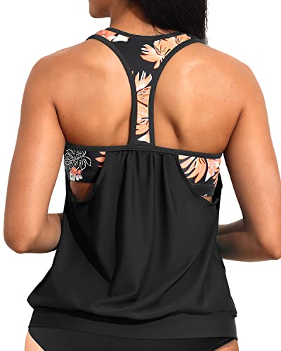 Blouson Tankini Top Only Sporty Bathing Suit Top No Bottoms-Black Floral