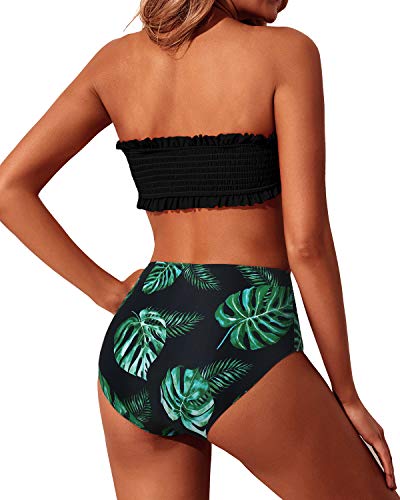 Strapless Ruffle Off Shoulder Bandeau Bikini Set High Waisted Bottoms-Black Leaf