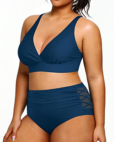 Plus Size Bikini High Waisted Swimsuits Tummy Control Swimwear-Teal