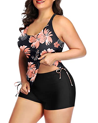 Full Coverage Plus Size Bathing Suit For Women Two Piece Ruched Swimsuit-Black Orange Floral