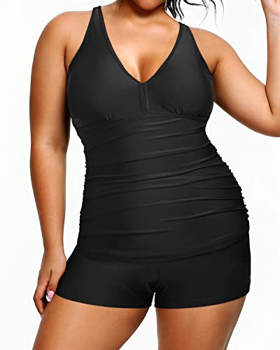 Athletic Plus Size Tankini Shorts Swimsuits For Women-Black