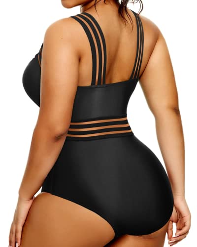 Plus Size One Piece Swimsuits High Neck Mesh Front Crossover Monokinis-Black