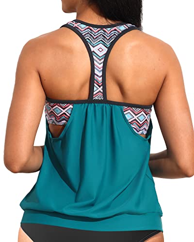 Ladies Blouson Tankini Top Double Up Swim Top Sporty Bathing Suit Top-Green Geometric