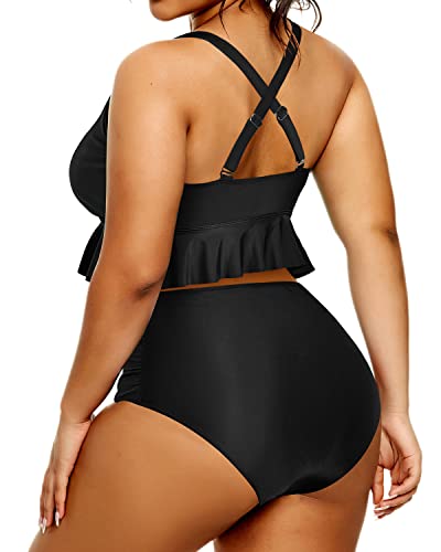 Women Plus Size High Waisted Bikini Set Tummy Control Ruffle Swimsuits For Women-Black