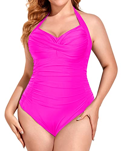 Slimming Plus Size Halter Top One Piece Swimsuit For Women-Neon Pink