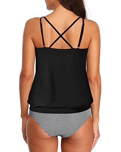 Ladies 2 Piece Blouson Tankini Swimsuits Tummy Control Bathing Suits-Black Stripe