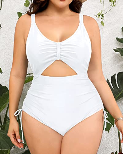 Women Plus Size One Piece Swimsuits Deep V Neck Swimwear-White