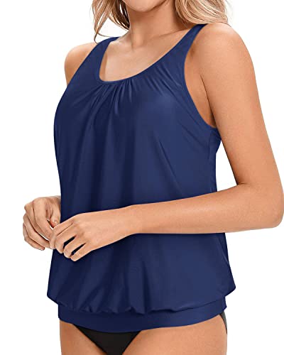 Athletic Tankini Bathing Top Adjustable Straps For Women-Navy Blue