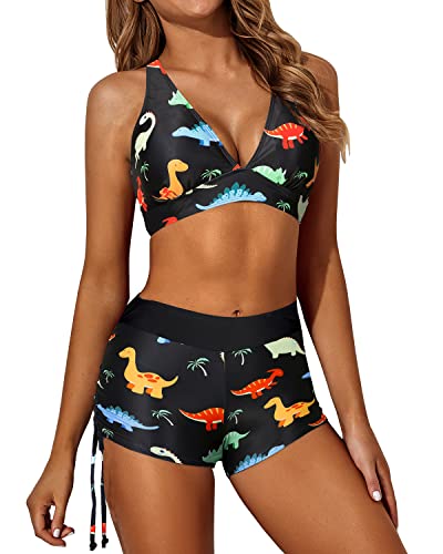 Modest And Stylish Tankini Swimwear Set Boy Shorts For Women-Black Dinosaur