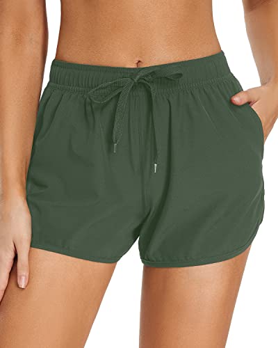 Sporty Boardshorts Pockets Swim Shorts For Women-Olive Green