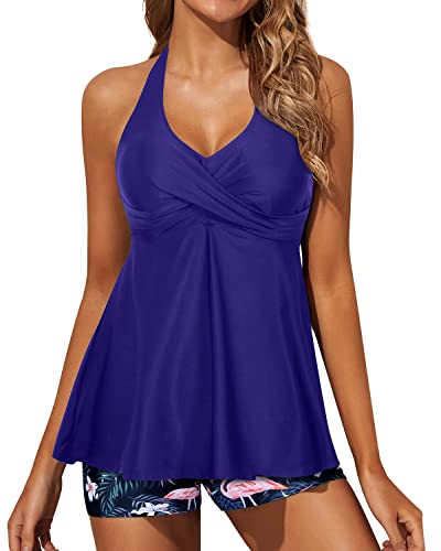 Flowy Twist Front Tankini Swimwear For Women Boy Shorts-Blue Flamingo