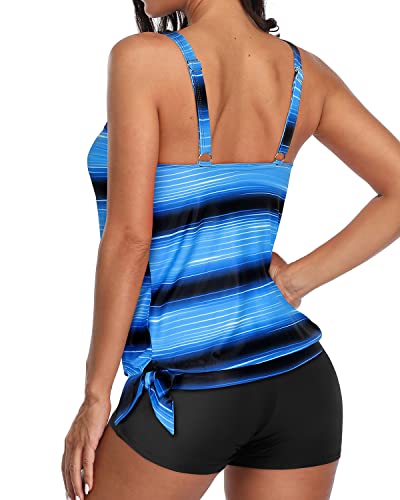 Loose Fit 2 Piece Swimsuit For Women Boyleg Bottoms-Blue And Black Stripe