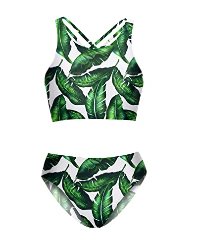 Athletic High Neck Bikini Tops For Teen Girls Sporty Two Piece Swimsuits-Green Leaf