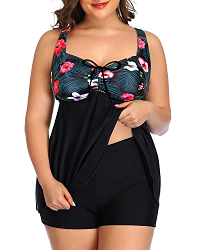 Flowy Plus Size Tankini Swimsuits Boyleg Bottoms For Women-Black Floral