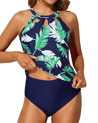 Two Piece Backless High Neck Tankini Swimsuits For Women-Blue Leaf