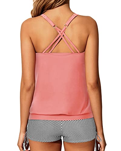 Full Coverage Adjustable Shoulder Straps Womens Blouson Tankini Swimsuits-Coral Pink Stripe
