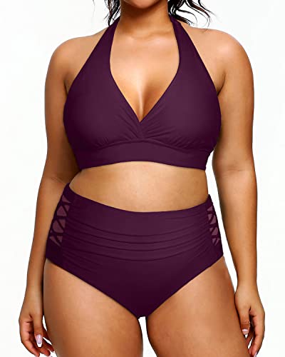 Plus Size Women's Two Piece Halter Bikini Tummy Control Bathing Suit-Maroon