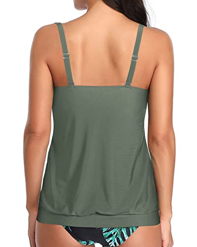 Flattering Blouson Tankini Bathing Top For Women-Olive Green