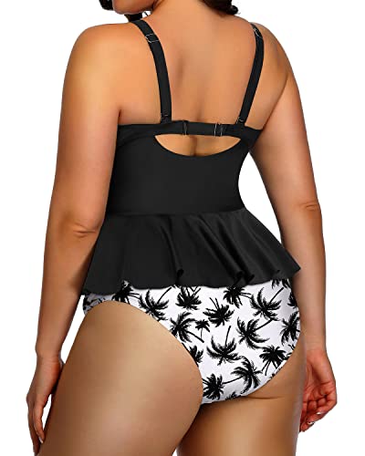 Plus Size Retro Ruffle Tankini Tops And Lace Strappy Sides Bikini Bottoms-Black Palm Tree