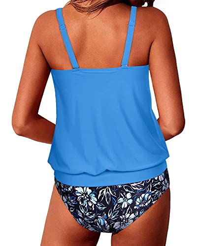 Loose Fit Tankini Top Swimsuits For Women 2 Piece Tankini-Blue Flower On Black