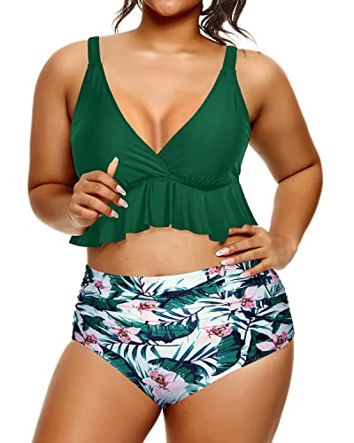 Plus Size Bathing Suits For Women Two Piece Ruffle Swimsuits For Women-Green Tropical Floral