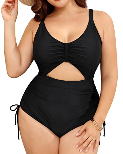 Women Plus Size One Piece Swimsuits Deep V Neck Lace Up Swimwear-Black