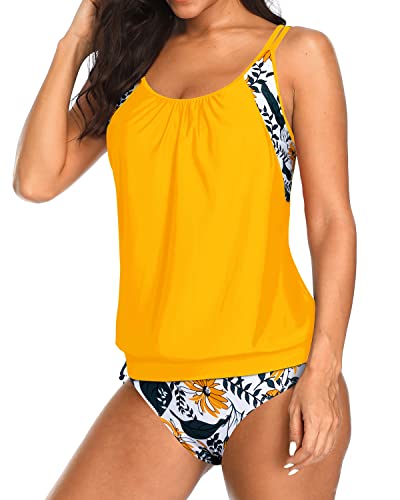 Athletic Two Piece Tankini Swimsuits Layered Tops And Bottoms-Yellow Floral