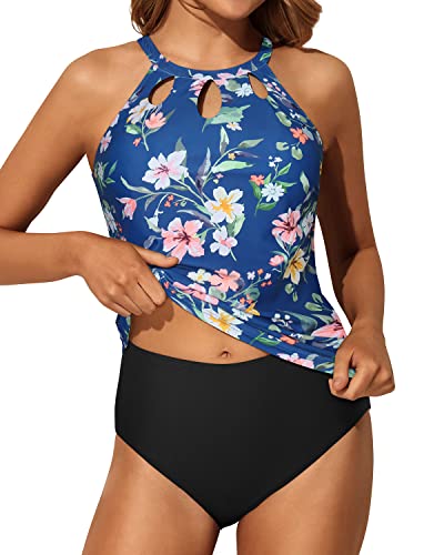 Tummy Control & Modest Coverage Two Piece Tankini Bathing Suit-Blue Flower