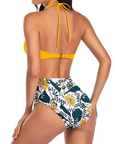 Women's High Necked Two Piece Bikini Set Halter Top Tummy Control Swimsuit-Yellow Floral