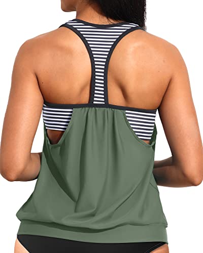 Double Layer Tankini Top Only Modest Round Neck Bathing Suit Top-Amry Green