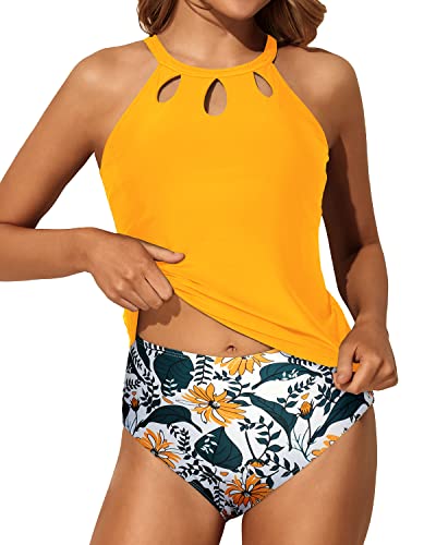 Halter Backless Tankini Modest Tummy Control Bottom-Yellow Floral