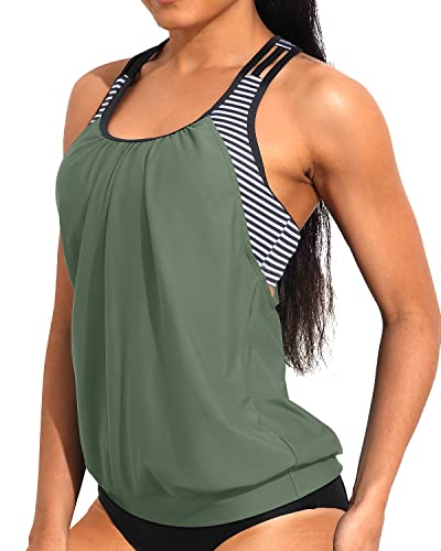 Double Layer Tankini Top Only Modest Round Neck Bathing Suit Top-Amry Green