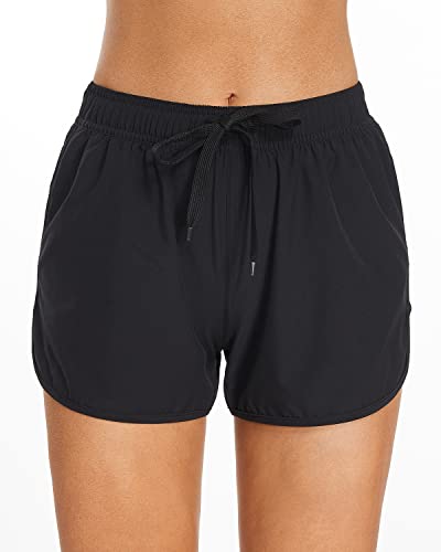 Athletic Sporty Boardshorts Pockets Swim Bottom Trunks For Teens Girls-Black