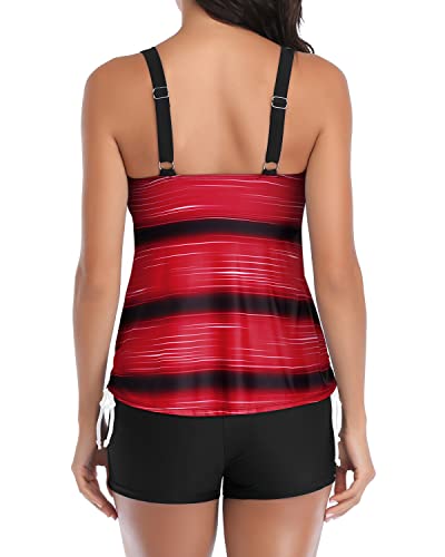 Athletic Double Up Bathing Suits Layered Design & Boyleg Bottom-Red Stripe