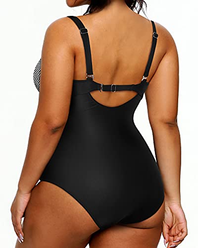 Slimming Tummy Control Plus Size Bathing Suits For Women-Black Stripe