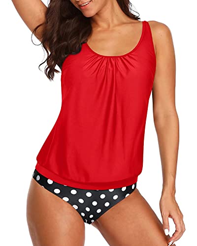Casual Women's 2 Piece Blouson Tankini Swimsuits Elastic Band-Red Floral