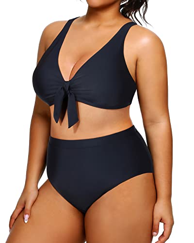 V Neck Plus Size Bikini 2 Piece High Waisted Swimsuits Set-Black