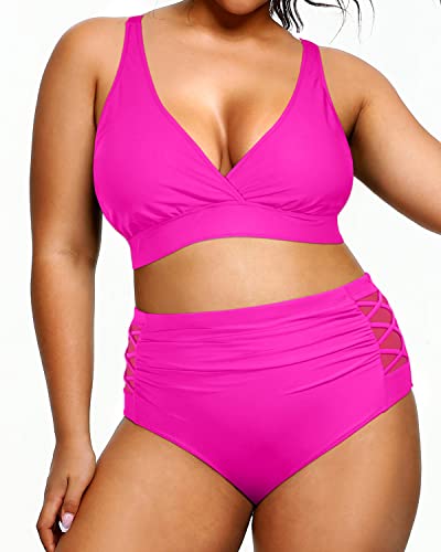 V Neck Plus Size Bikini Two Piece Bathing Suits Slimming Swimwear-Neon Pink