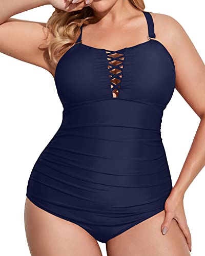 Plus Size One Piece Swimsuits Deep V Neck Tummy Control Swimwear-Navy Blue