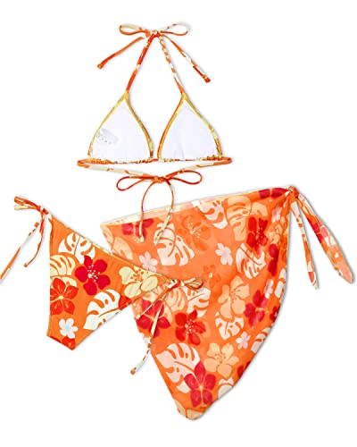 Tie Side Swim Bottom Mesh Beach Skirt Beach Wear Bikini Set-Orange Flowers