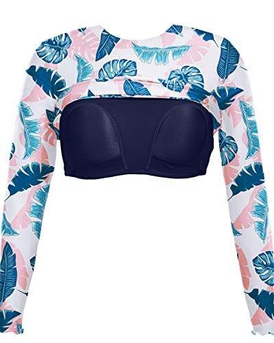 Women's Long Sleeve Swimsuit Rash Guard Crop Swim Tops Shorts Two Piece-Blue Pink Leaves
