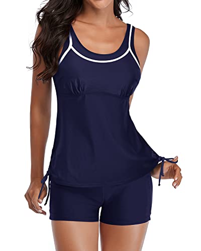 Slimming Two Piece Tankini Swimsuits Shorts For Women-Navy Blue