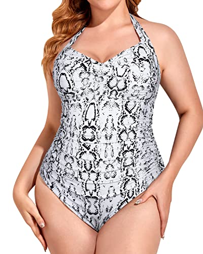 Halter Tops Tummy Control Ruched Plus Size One Piece Swimsuit-Snake Print